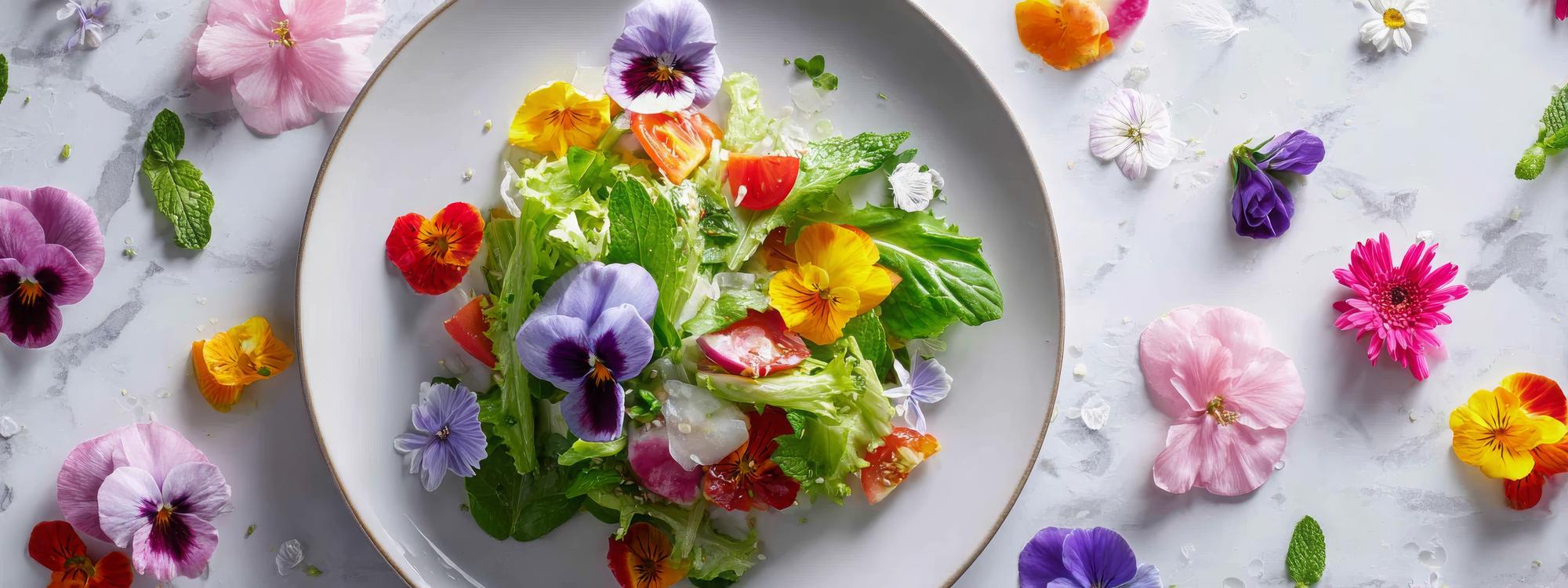 Closeup of plated seasonal salad with edible flowers